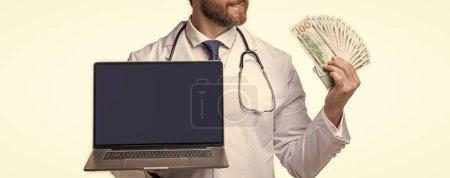 Photo for Cropped view of doctor presenting ehealth insurance. photo of ehealth insurance and doctor man with money. doctor promoting ehealth insurance isolated on white. doctor offering ehealth insurance - Royalty Free Image