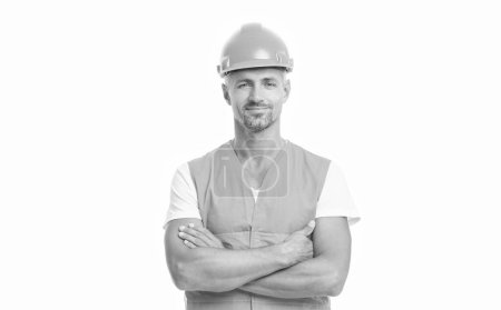 Photo for Man worker in white studio. man worker in helmet on background. photo of man worker wearing reflective vest. man worker isolated on white. - Royalty Free Image
