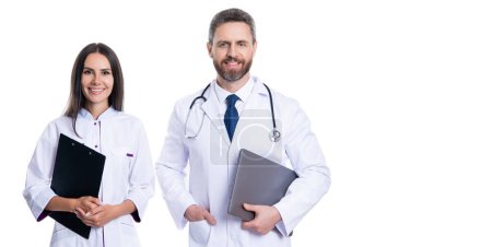 Photo for Professional physician with internist. medicine and healthcare. doctor at hospital. two doctor hold medical prescription. doctor and nurse with clipboard isolated on white. online service. - Royalty Free Image