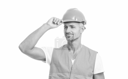 Photo for Cheerful man laborer isolated on white. man laborer in white studio. man laborer on background. photo of man laborer wearing reflective vest. - Royalty Free Image
