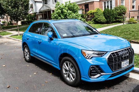 Photo for New York City, USA - August 26, 2023: 2020 Audi Q3 luxury car blue color, side view. - Royalty Free Image