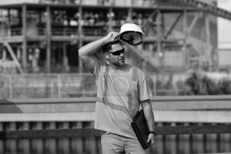 Photo for Engineer man at construction site outdoor. photo of engineer man at construction site. engineer man at construction site. engineer man at construction site holding hardhat. - Royalty Free Image