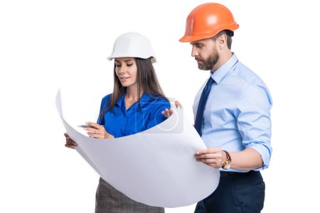 Photo for Chief engineer and architect in hardhat isolated white. Safety business. Data protection. Supervisor engineer with blueprint. Plan construction project. Architect planning work. Project presentation. - Royalty Free Image