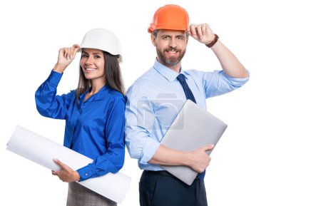 Photo for Safety business. Data protection. Supervisor engineer with blueprint. Plan construction project. Architect planning work. Chief engineer and architect in hardhat isolated on white. Discussing content. - Royalty Free Image