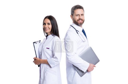Photo for Doctor hold medical prescription. doctor internist with clipboard isolated on white. prescriber physician with nurse. prescription. medicine and healthcare. doctor at hospital. making notes. - Royalty Free Image