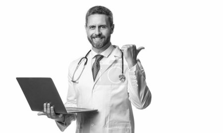 Photo for Happy doctor promoting ehealth isolated on white. doctor offering ehealth in studio. doctor presenting ehealth on background. photo of ehealth and doctor man with laptop. - Royalty Free Image