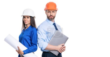 Photo for Architect planning work. Chief engineer and architect in hardhat isolated on white. Safety business. Data protection. Supervisor engineer with blueprint. Plan construction project. Professional team. - Royalty Free Image