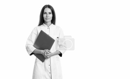 Photo for Nurse and ehealth isolated on white background, copy space. nurse with ehealth laptop in studio. photo of nurse hold laptop for ehealth wear white coat. ehealth from nurse. - Royalty Free Image
