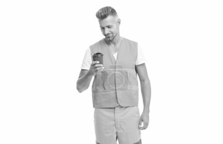 Photo for Man worker on background. photo of man worker wearing reflective vest. man worker with coffee isolated on white. man worker in white studio. - Royalty Free Image