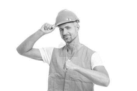 Photo for Man laborer isolated on white, pointing. man laborer in white studio. man laborer on background. photo of man laborer wearing reflective vest. - Royalty Free Image