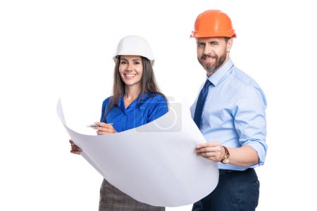 Photo for Safety business. Data protection. Supervisor engineer with blueprint. Plan construction project. Architect planning work. Chief engineer and architect in hardhat isolated. Colleagues with blueprint. - Royalty Free Image