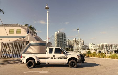 Photo for Miami Beach, Florida USA - April 15, 2021: white ford f350 miami beach police vehicle, side view. - Royalty Free Image