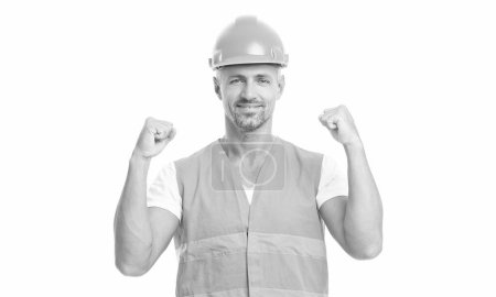 Photo for Photo of glad man engineer wearing reflective vest. man engineer isolated on white. man engineer in white studio. man engineer on background. - Royalty Free Image