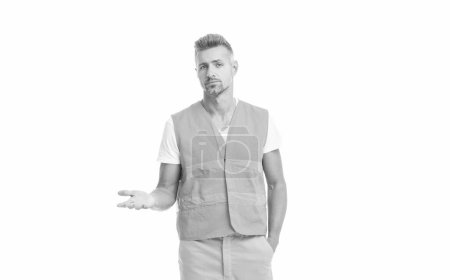 Photo for Serious man builder isolated on white. man builder in white studio. man builder on background. photo of man builder wearing reflective vest. - Royalty Free Image