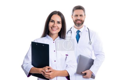Photo for Healthcare and medicine. Medicine doctor hold clipboard. medical and healthcare workers in hospital isolated on white. two doctors internist in medicine service. Health insurance. Hospital clipboard. - Royalty Free Image