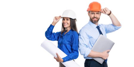 Photo for Data protection. Supervisor engineer with blueprint. Plan construction project. Architect planning work. Engineer and architect in hardhat isolated on white. Safety business. Professional advice. - Royalty Free Image