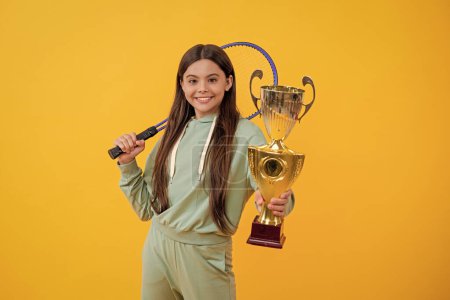 Photo for Teen girl champion on the tennis court. sport champion girl of badminton. girl celebrating as tennis tournament champion. skilled tennis champion. teen girl badminton player. Badminton tournament. - Royalty Free Image
