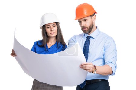 Photo for Engineering inspection supervisor isolated on white. Inspection by supervisors in office. Project details. Supervisor colleagues. Engineer manager with assistant conduct inspection. Business plan. - Royalty Free Image