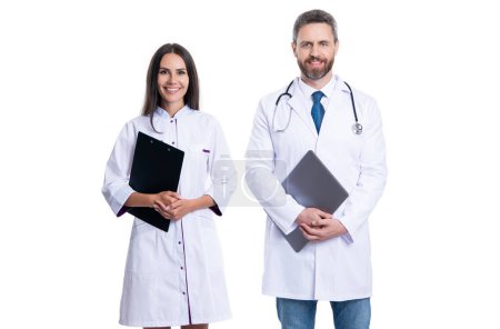 Photo for Professional physician with internist. medicine and healthcare. doctor at hospital. two doctor hold medical prescription. doctor and nurse with clipboard isolated on white. - Royalty Free Image