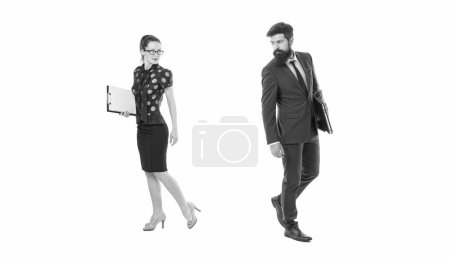Office life. Office secretary and director. Sexy woman and bearded man in office wear. Project managers. Conference service providers. Administrative duties. Administration and office management.