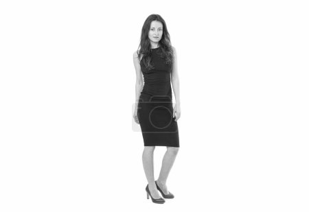 sexy fashion model. formal woman outfit. glamour office style. elegant woman black dress isolated on white. business fashion look. Girl Posing Slinky Evening Clothes. portrait of beautiful woman.