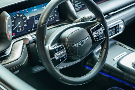 Photo for New York City, USA - August 05, 2023: Genesis G90 sedan steering wheel of car interior. - Royalty Free Image