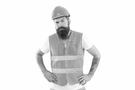 unshaven supervisor man isolated on white background. supervisor man in uniform. bearded supervisor man in orange vest. studio shot of supervisor man wearing helmet.