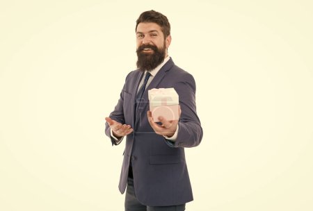 nice purchase. businessman in formal suit on party. boxing day. Delivery company business. success and reward. bearded man hold valentines present. happy birthday shopping. Thanks for your purchase.