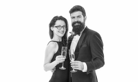Capturing bright moments. tuxedo man with beard and elegant woman. happy valentines day. couple in love. couple drink champagne. charity event for toffs. special occasion. confident and successful.