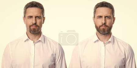 Beard style comparison. Portrait of man with different beard shapes. Face of man with full beard and chin beard. Bearded unshaven man studio isolated on white background.