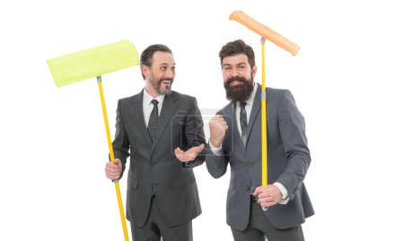 Clear reputation. Cover our tracks before someone find out financial fraud. Bearded men formal suits hold mops. Big cleaning day. Cleaning business. Household duties. Cleaning service concept.