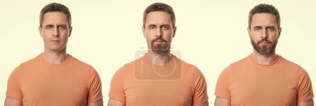 Man with different facial hair beard styles on face. Three portraits of man. Face of man with different beard shapes and clean shaven. Faces of man studio isolated on white background