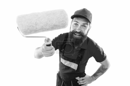 Photo for Positive man painter with paintroller isolated on white background. man painter with paintroller. man painter with paintroller in uniform. bearded man painter with paintroller in studio. - Royalty Free Image