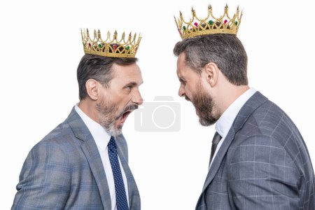 business conflict. two businessman conflicting for leadership isolated on white. businessman leader shout having conflict in business. conflict between boss and leader. rivalry leadership.
