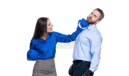 anger management. business fight with two businesspeople. businesspeople fight against each other. business fight. business partners fighting in boxing gloves isolated on white.