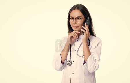 online doctor therapist hold phone, copy space. online doctor therapist consultation in medicine. doctor therapist and online medicine isolated on white. doctor therapist offer online medicine.