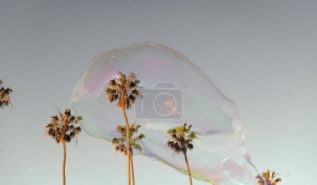 beautiful soap bubble blower fly among palm trees in summer sky, soap bubble.