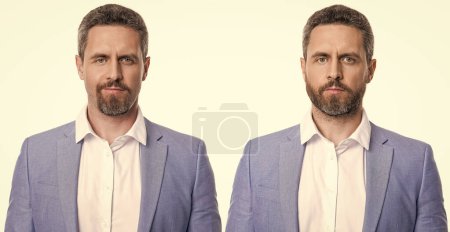 photos of man face stubble collage before and after in studio. man face stubble collage before and after on background. before and after. man face stubble collage before and after isolated on white.