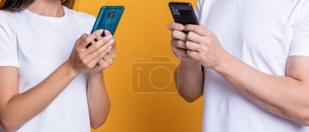 Photo for Chatting on phone. Couple chat online. Family couple blogging. Modern phone communication. Woman and man blogging using smartphone. Messaging and texting. Connected online. Smart assistant. - Royalty Free Image