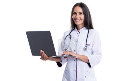 Ärztin arbeitet in Klinik-Büro. Videoanruf beim Arzt. Online-Arzttermin, ehealth. Beratung von Patienten online. mit Online-emedizinischen Termin. Medizinischer Dienst. Gesundheits-Check.