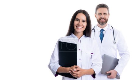 Health insurance. healthcare and medicine. Medicine doctor hold patient information clipboard. medical and healthcare workers in hospital isolated on white. two doctors internist in medicine service.