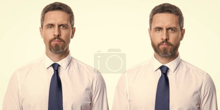 two man face stubble collage before and after on background. before and after. man face stubble collage before and after isolated on white. man face stubble collage before and after in studio.