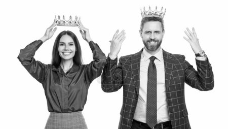 glad leadership success. successful businesspeople in crown. professional businesspeople leadership in studio. concept of success. leadership and success of businesspeople isolated on white.
