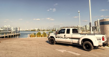 Photo for Miami Beach, Florida USA - April 15, 2021: white ford f350 miami beach police vehicle, corner view. copy space. - Royalty Free Image