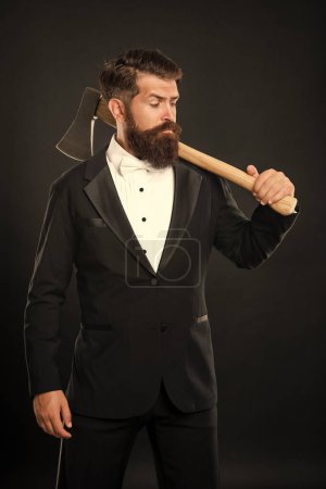 Looking for barber. Bearded man carry axe. Brutal barber. Axe shaving. Barbershop.