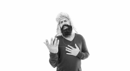 emotional bearded man with moustache in earflape hat isolated on white background, lifestyle.