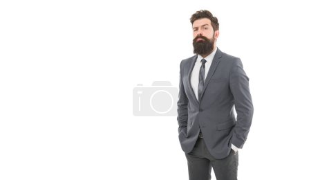 He knows who is boss here. Bearded man confident posture isolated white. Hipster with beard formal suit office worker. Businessman formal suit. Modern businessman ofiice worker. Office life concept.