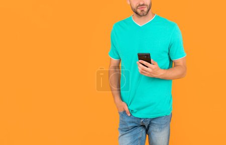 Photo for Blogging as modern communication technology. blogger use smartphone. guy working online. typing and texting. check sms and email. copy space. cropped man chat online. - Royalty Free Image