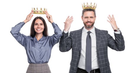 glad leadership success. successful businesspeople in crown. professional businesspeople leadership in studio. concept of success. leadership and success of businesspeople isolated on white.