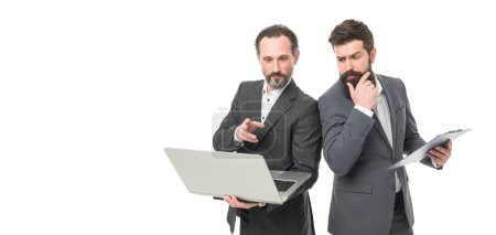 Technical skills development coaches. Coaches or teachers isolated on white. Bearded men work on computer. Business coaches. Mentor staff. Coaching course. Learning from qualified career coaches.